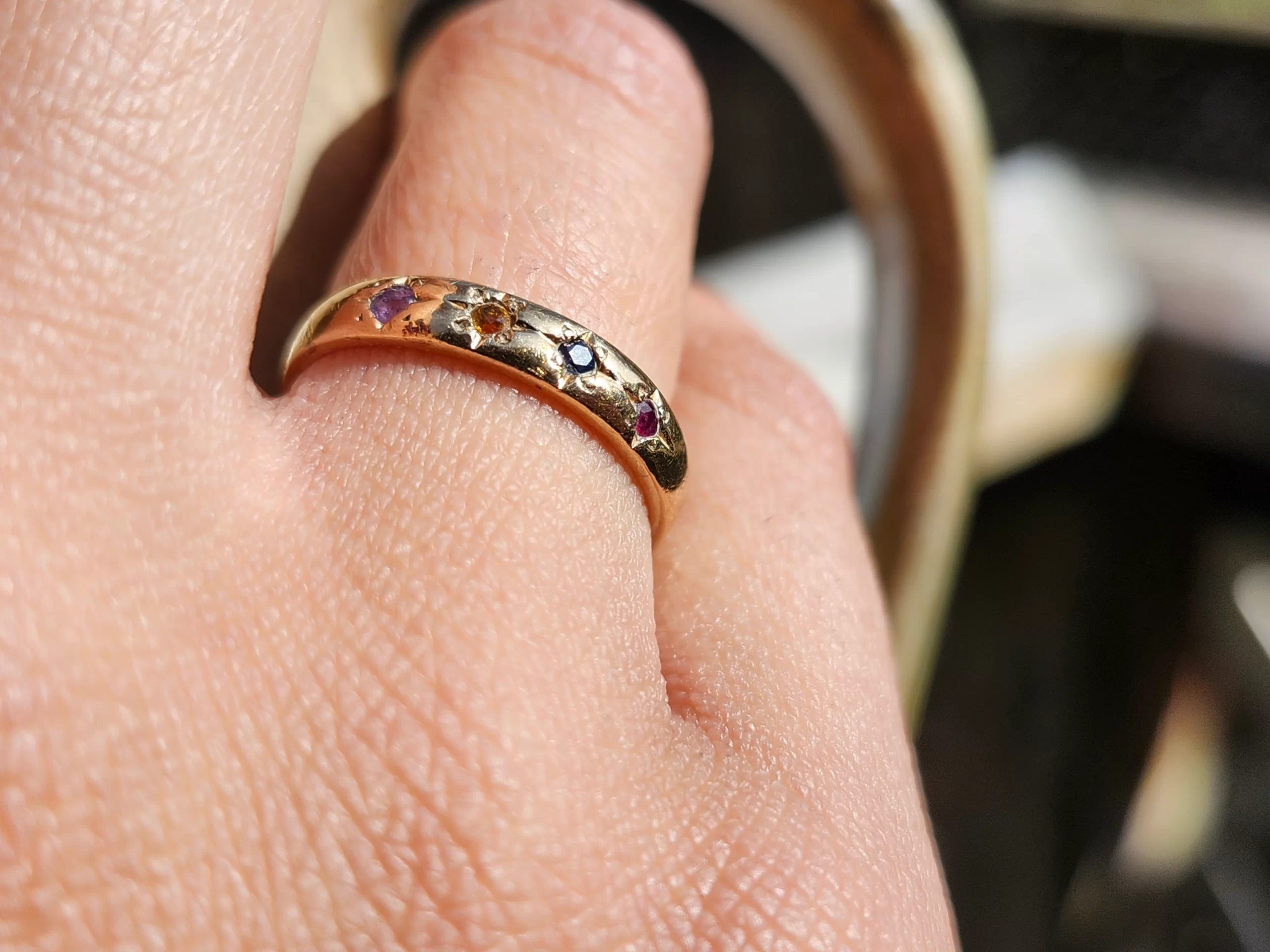 Antique Emerald Ruby Sapphire Amethyst Citrine Family Ring in 10k