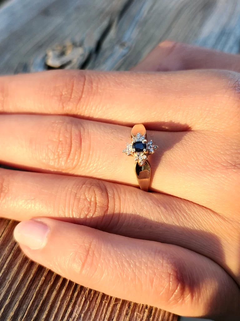 10K Dark Blue Sapphire Cocktail Ring with Diamonds