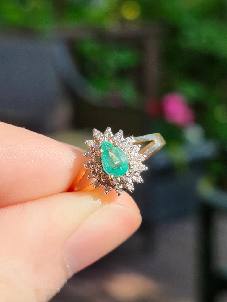 10K Pear Cut Emerald Ring with Diamonds