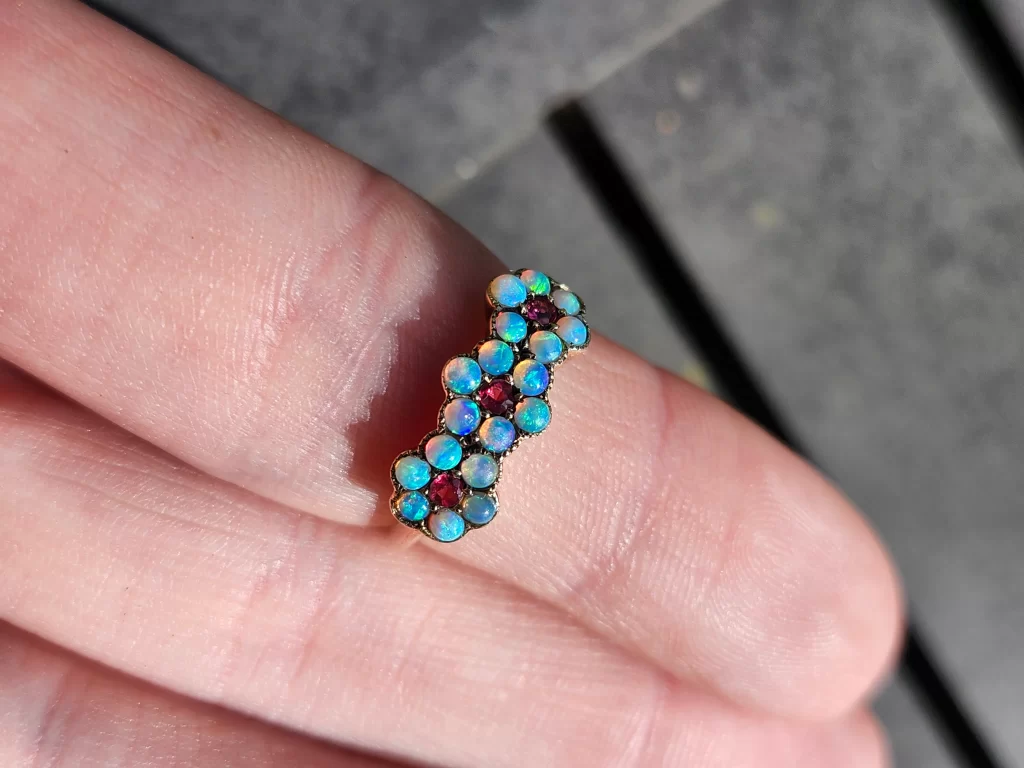Antique Floral Precious Opal & Red Glass 10k Gold Ring
