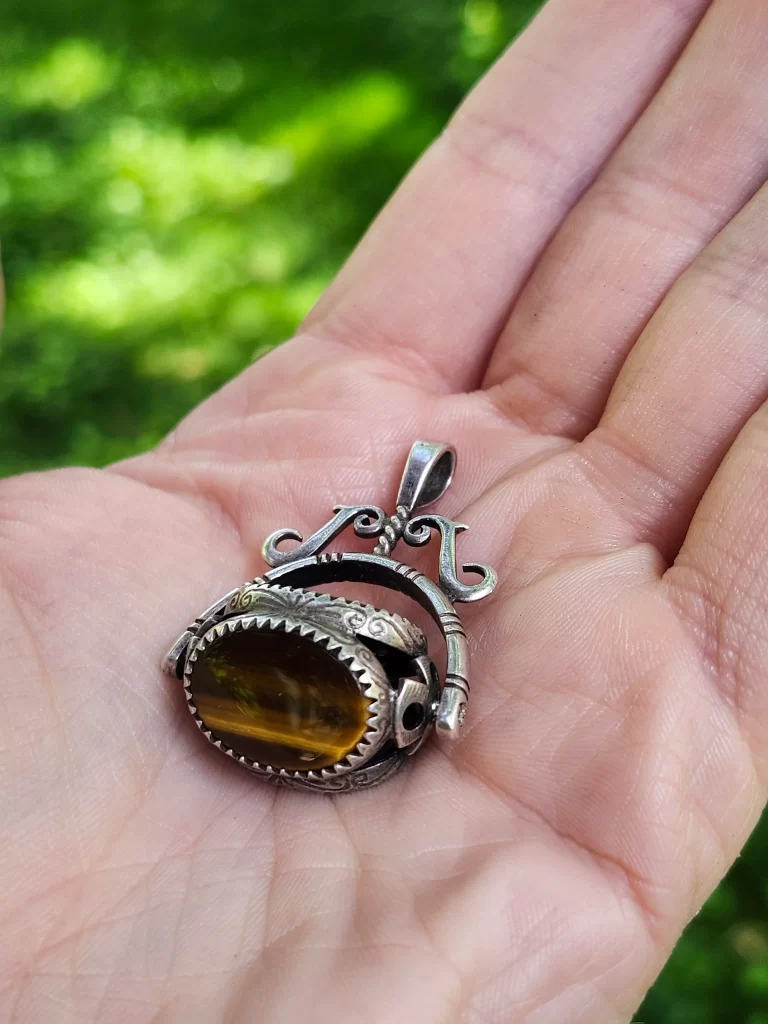 Vintage Sterling Silver Tiger's Eye Bloodstone & Onyx Key Fob Spinner
