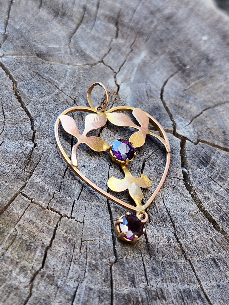 Antique Art Nouveau 9ct Gold Floral Amethyst Necklace Pendant