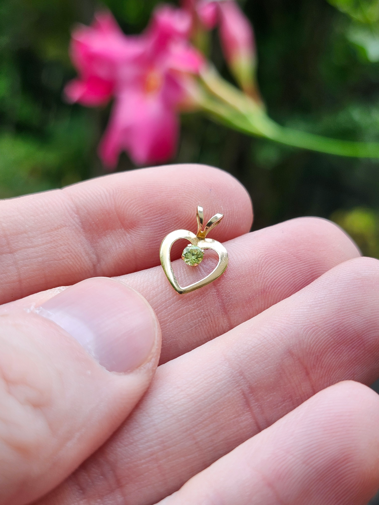 14K Gold Heart Pendant with Green Stone