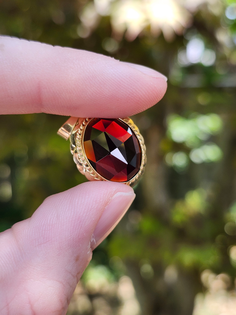 14K Gold Garnet Rose Cut Pendant In The Sun