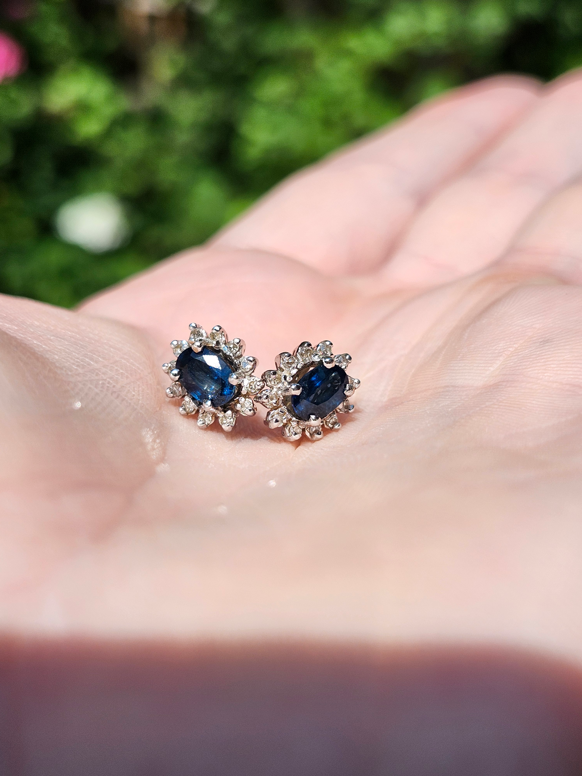 14K White Gold Deep Blue Sapphire & Diamond Earrings - Image 2