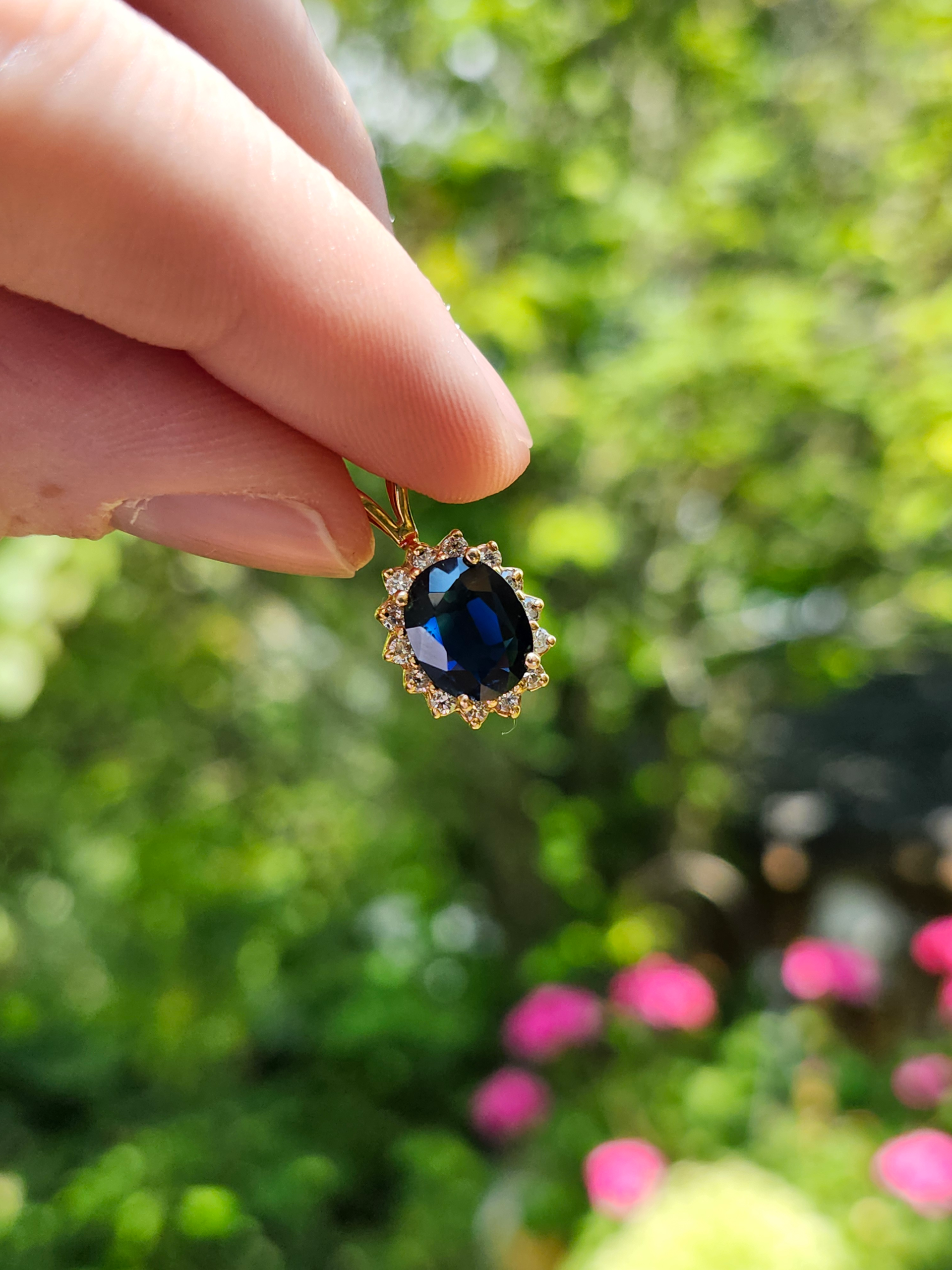14K Gold Deep Blue Sapphire & Diamond Halo Pendant - Image 4