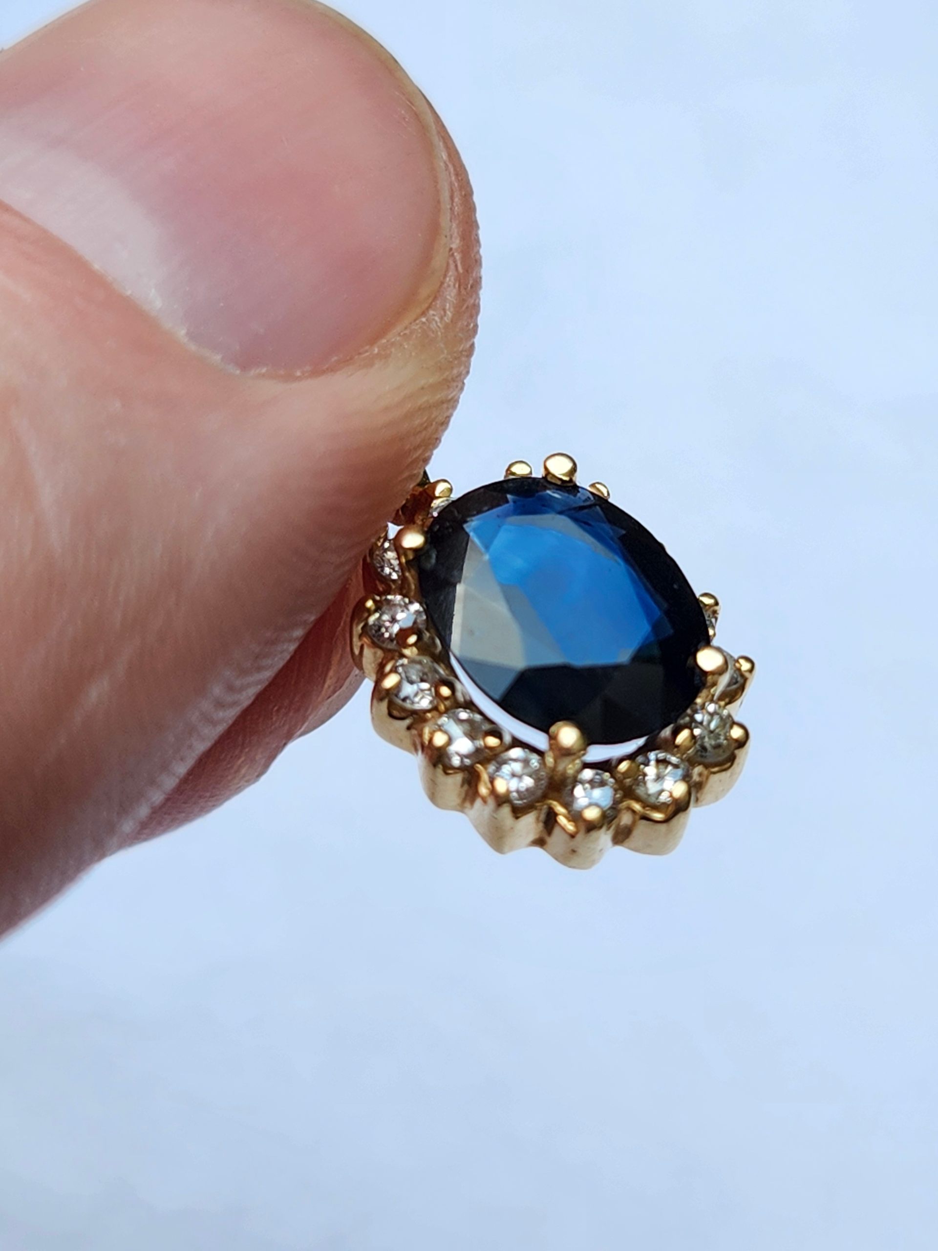 14K Gold Deep Blue Sapphire & Diamond Halo Pendant - Image 2