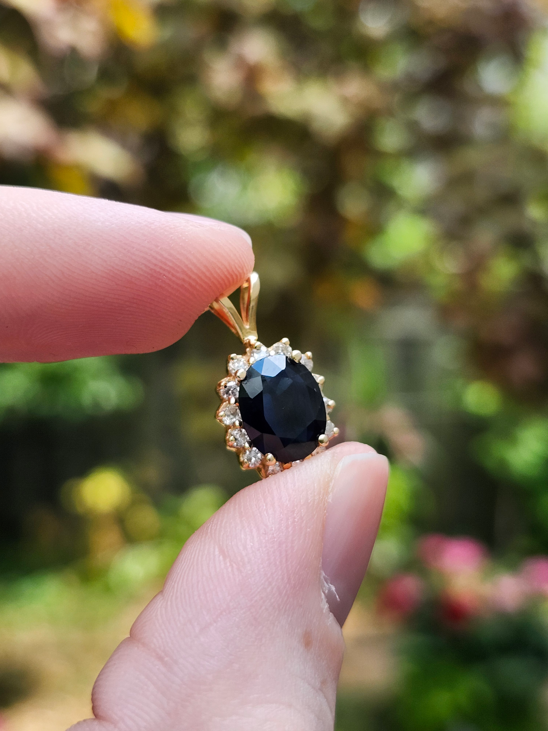 14K Gold Deep Blue Sapphire & Diamond Halo Pendant - Image 5