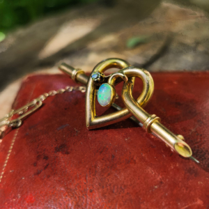 15ct Victorian Era Heart Brooch with Crystal Opal and Old European Cut Diamond