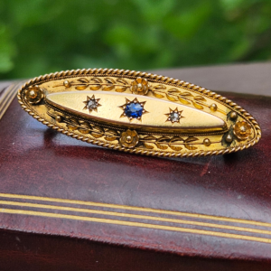 15ct Gold Etruscan Revival Victorian Era Brooch with Sapphire and Diamond