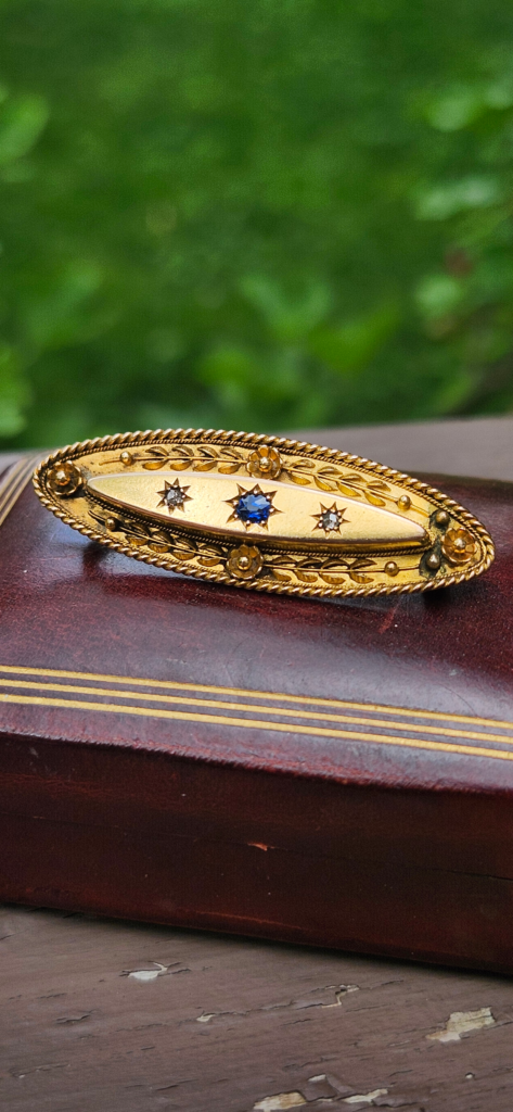 15ct Gold Etruscan Revival Victorian Era Brooch with Sapphire and Diamond
